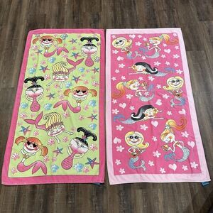 Lot‎ Of 2 Terrisol Kids Girls Pink Beach Towel Mermaids Shells Ocean Star bright
